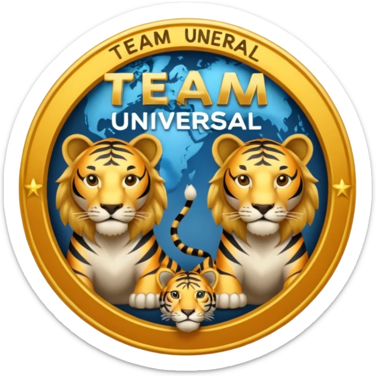 Un mundo al centro con un león a su lado izquierdo y un tigre al lado derecho y en el medio escrito "TEAM UNIVERSAL" sticker