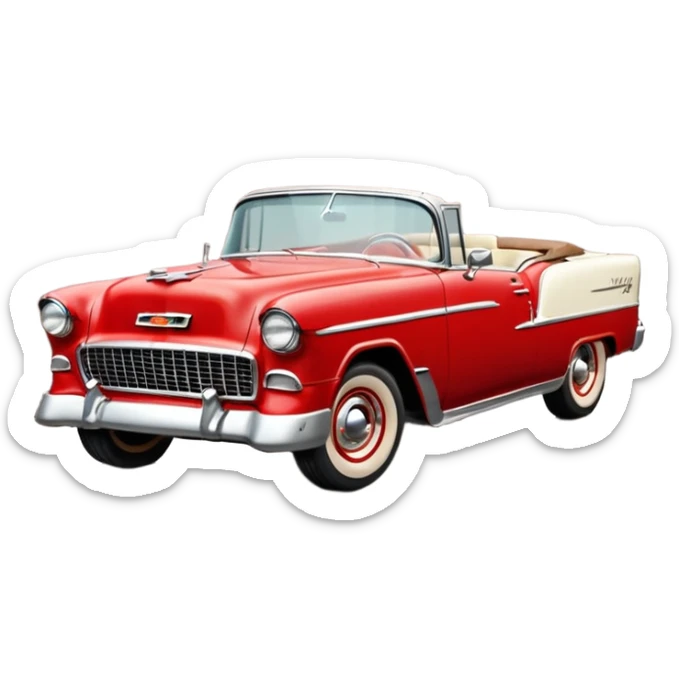 1955 Chevrolet Bel Air Convertible, Red-White color, with a bucket of brown mud pouring down on it, and the car itself is covered in brown mud on the sides that has stuck.32x32 pixels, aspect ratio: 1:1 sticker