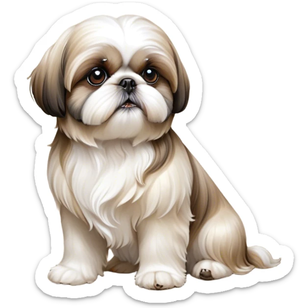 Cinematic Noble Shih Tzu Portrait Emoji, Poised and elegant, with a luxurious, flowing fur in refined muted tones, delicate features and wise, gentle eyes, simplified yet meticulously detailed, glowing with a soft, regal radiance, high shine, exuding quiet dignity and timeless charm, soft glowing outline, capturing the essence of a noble Shih Tzu that epitomizes refined poise! sticker