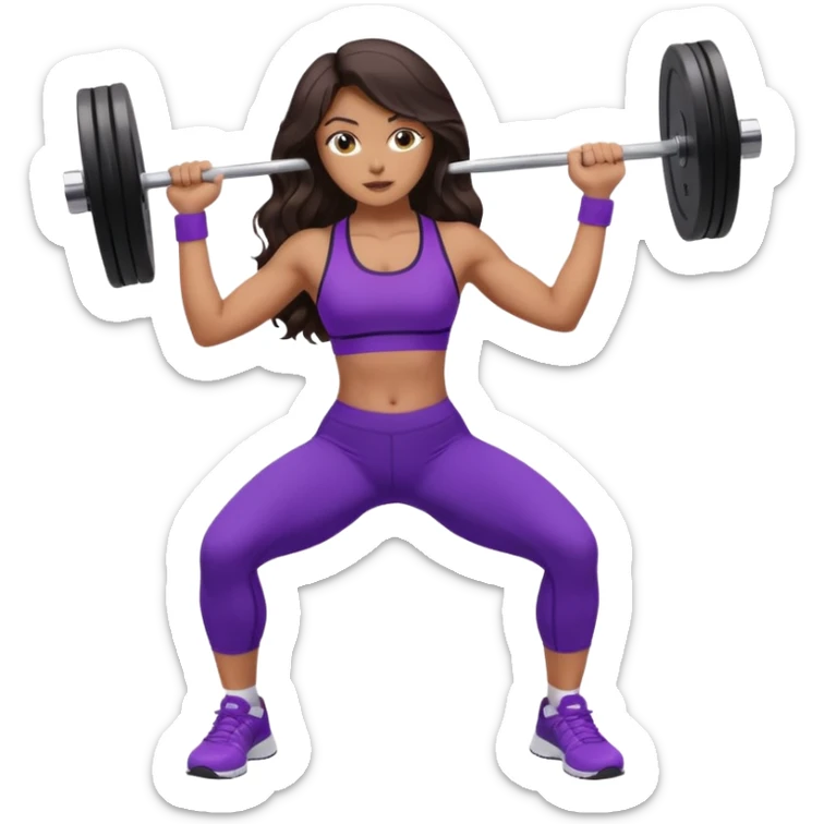 mujer de tez trigueña, con cabello castaño oscuro ondulado no muy marcado, hasta las nalgas super largo estilizado, con ropa deportiva morada/lila, tenis blancos deportivos y levantando una pesa sticker