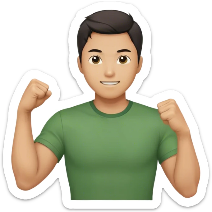 A determined Korean man in a green shirt, clenching his right fist with a confident & smile expression. Emoji-style digital illustration sticker