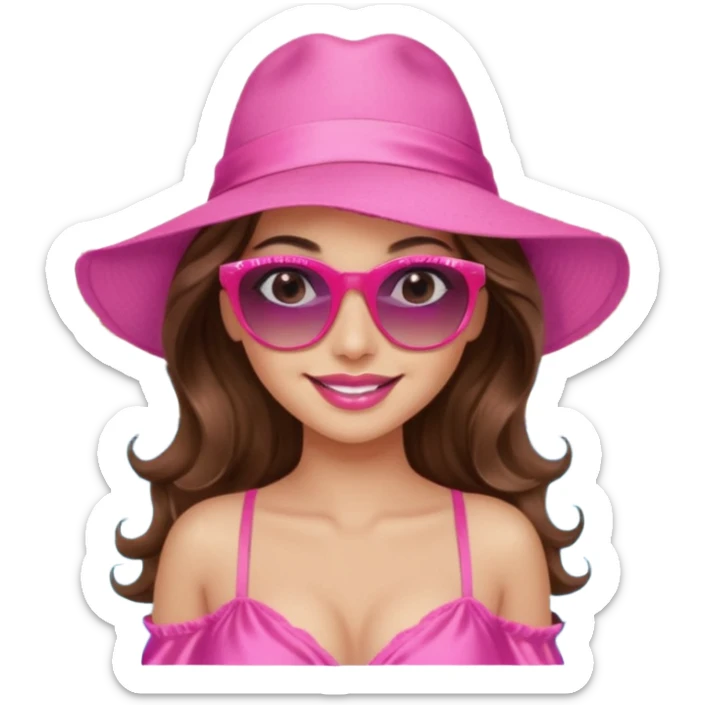 girl with long wavy brown hair, brown eyes, long lashes makeup, sexy pink lips, smiling, light to medium complexion, wearing a pink sexy silk top, relaxing by the pool sticker