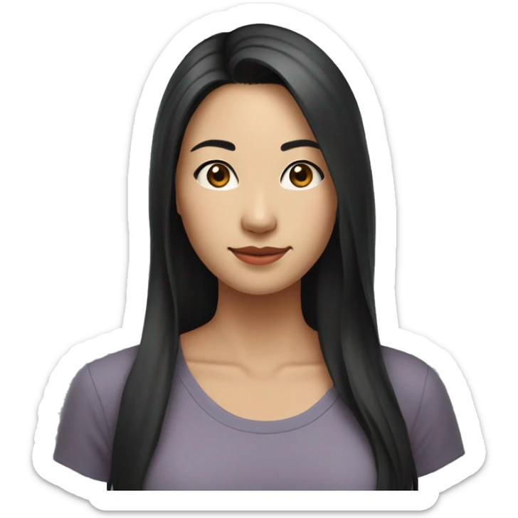 A head and shoulders shot of a 33 year old Asian woman, with long black hair,   with brown eyes wearing a t-shirt. sticker