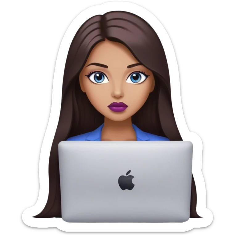 Glamours tanned very beautiful girl with pump mauve lips and dark chocolate straight smooth long hair, blue-grey eyes with MacBook sticker
