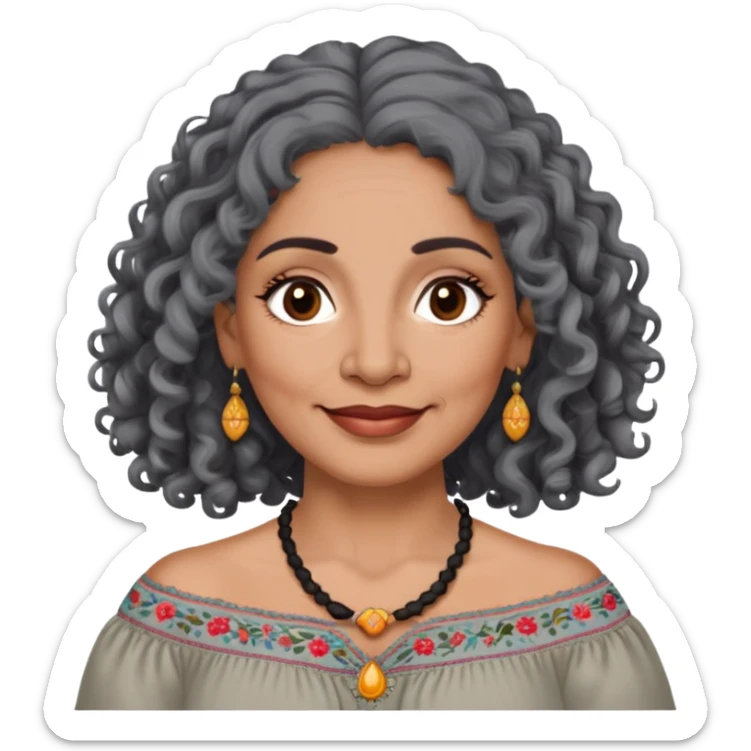 Latina woman, about 55 years old, dark warm brown skin, round soft face, long curly black and gray hair, no headband, medium eyes, thin eyebrows, gentle smile, gray peasant blouse with embroidery, bare shoulders, large dark necklace sticker