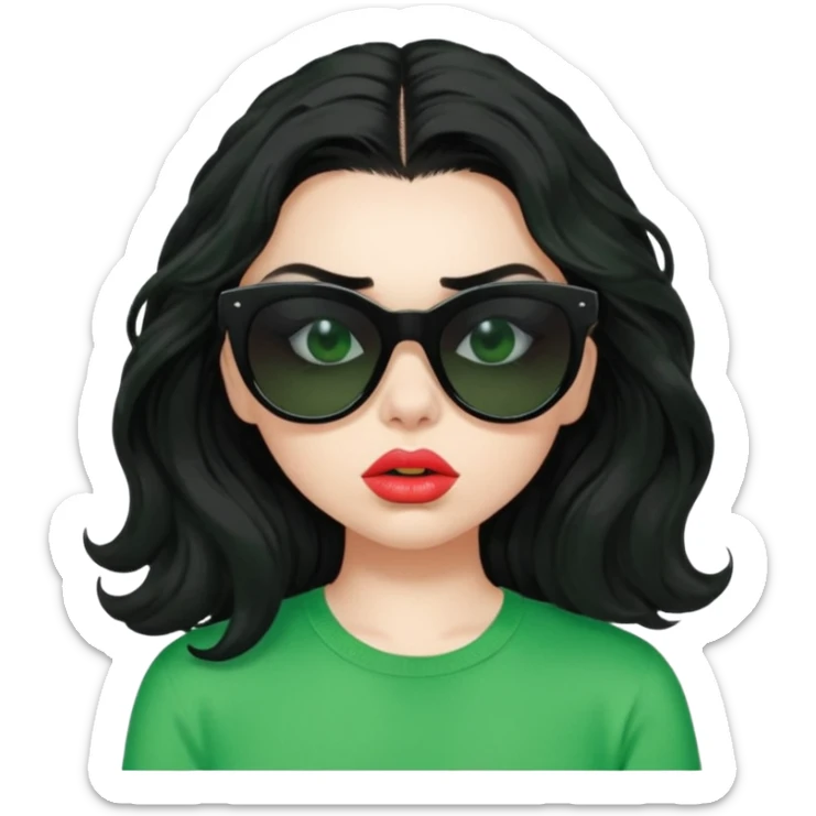 current charli xcx with her long black wavy hair, thick black-out sunglasses that hide her eyes completely, pale skin, pouting closed lips, and a bright green top that said 'brat' in the brat font. sticker