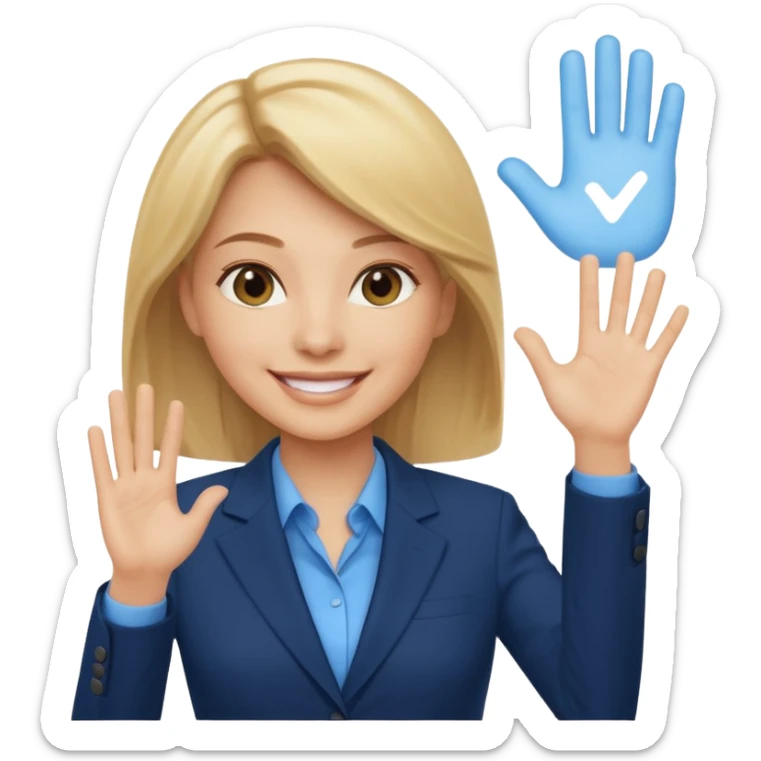 Make emoji of business woman with light skin and medium blonde hair in a dark blue business suit and light blue shirt waiving to new clients sticker