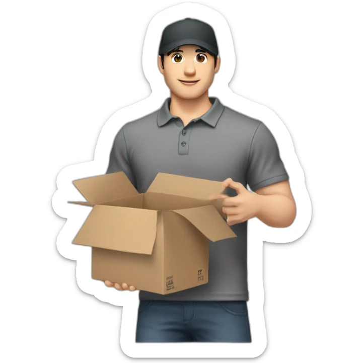 Pale skinned fit Man with black hair in a gray cap and dark gray polo T-shirt keeping a box into his hands sticker