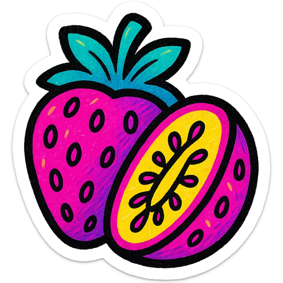vibrant stylized emoji of a sliced strawberry, suitable as a sprite for a 2D fruit ninja game sticker