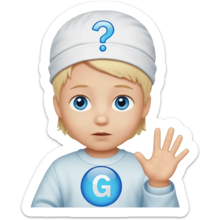 Caucasian blond hair blue eyed baby with a genius sign over it’s head sticker