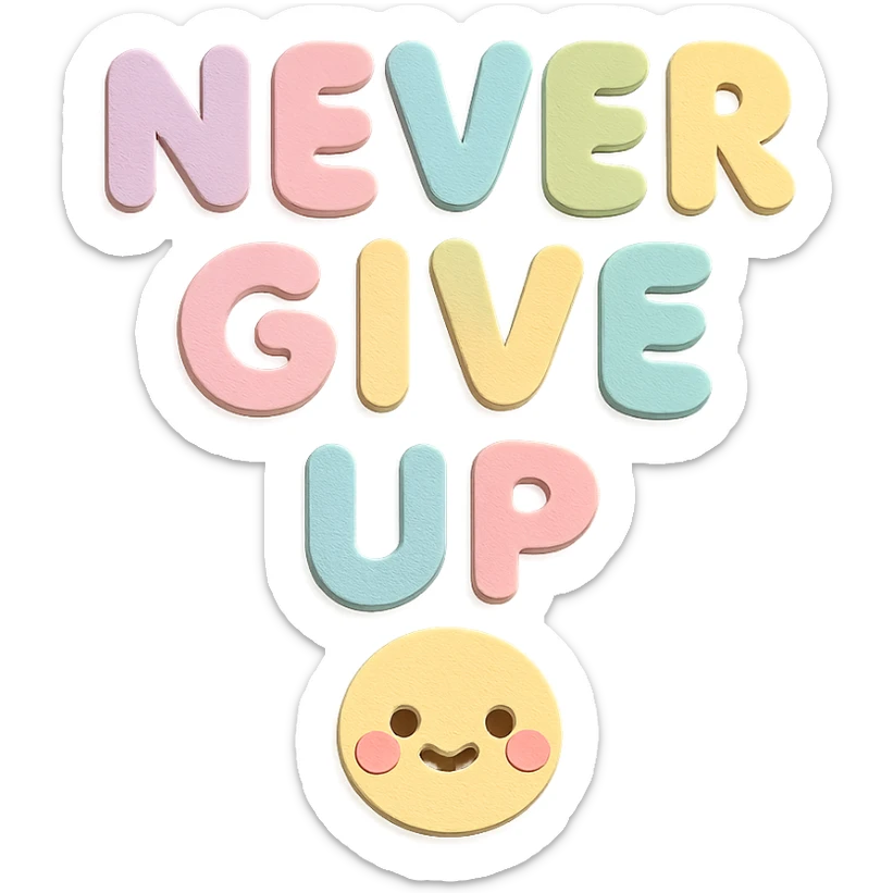 "Never Give Up" in soft pastel rainbow puffy paper letters, kawaii, no outline, transparent background sticker