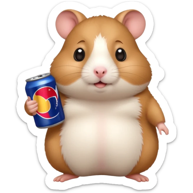 Funny cartoon-style fat hamster wide eyed with a can of redbull sticker