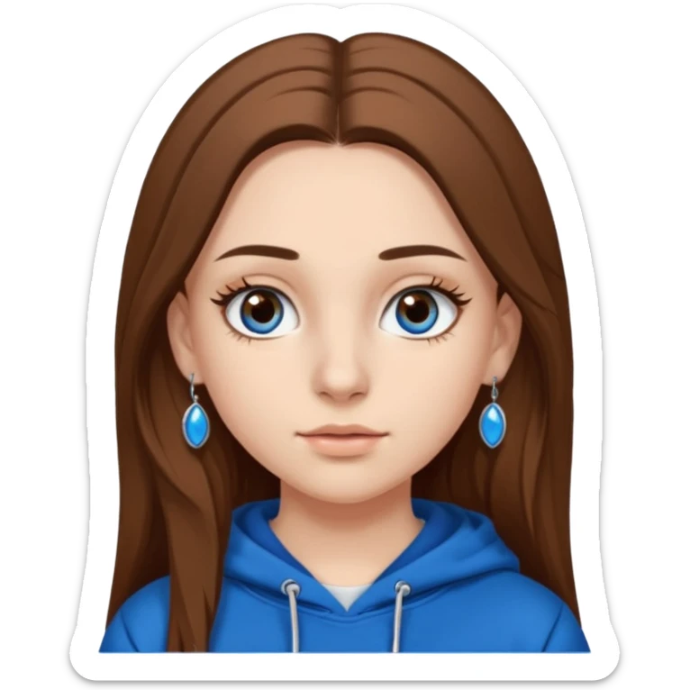 teen girl, white skin, long brown hair middle parted, brown eyes, blue hoodie eyelashes and earrings sticker