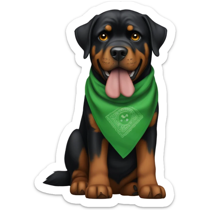 Rottweiler wearing green bandana with a tall skinny male owner that has long curly auburn hair wearing skinny jeans and a T shirt with an eyeball sticker