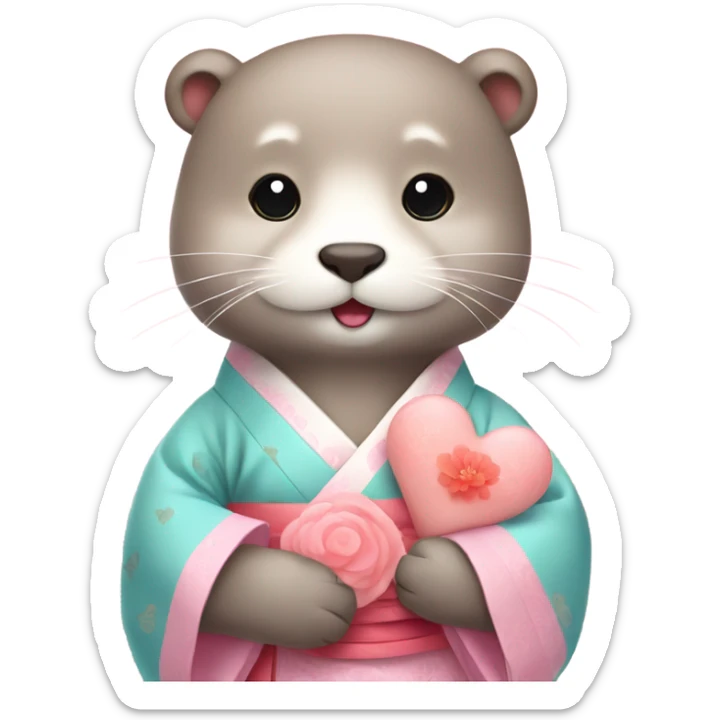 A cute and lovely otter dressed in pastel-colored traditional Korean hanbok, holding a coral-pink heart sticker