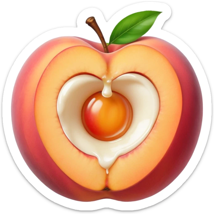 pink hole in the middle of a peach that doesnt go all the way through. milk is leaking out of the hole sticker