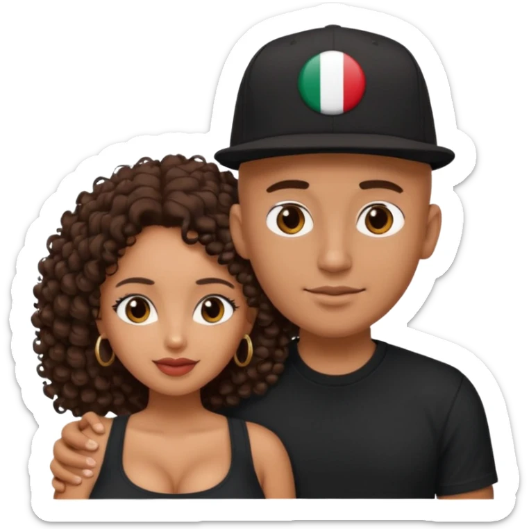 A picture of a tanned couple embracing. the guy is Mexican, with a bald hair cut and he has a SnapBack hat on. The girl is mixed, the girl is wearing a black shirt, the girl has brown curly big hair and the girl has big boobs  sticker