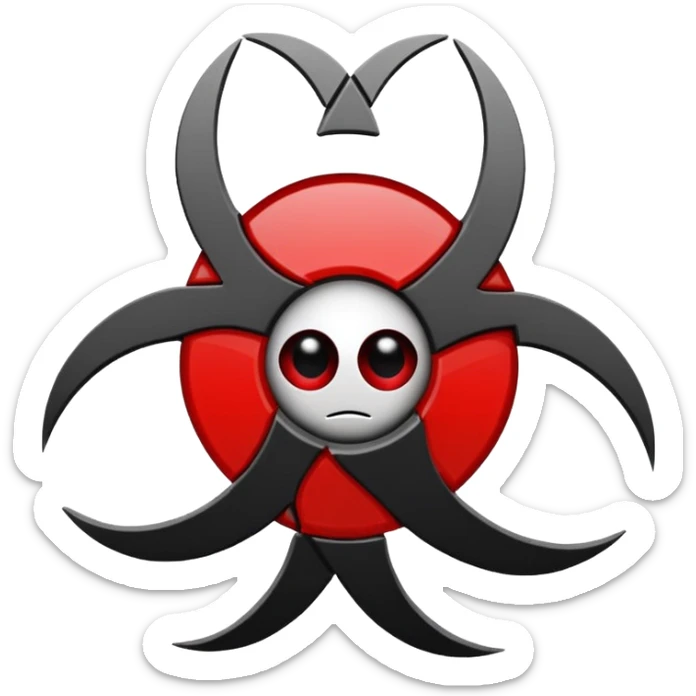 Minimalist emoji-style sticker of a fractured biohazard symbol with a small eye in the center. Stylized, geometric, no text.
 sticker
