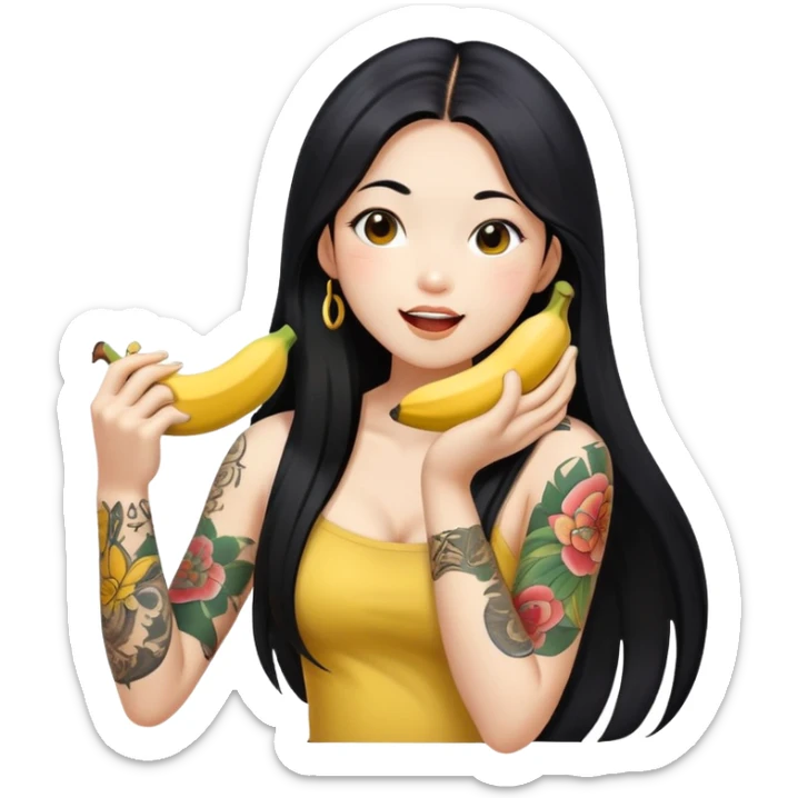 Beautiful Asian girl with long black hair and body tattoos eating a banana sfw sticker
