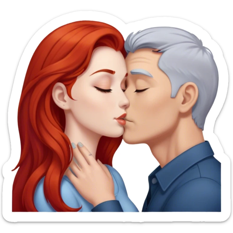 Long red hair woman kissing man with short gray hair sticker