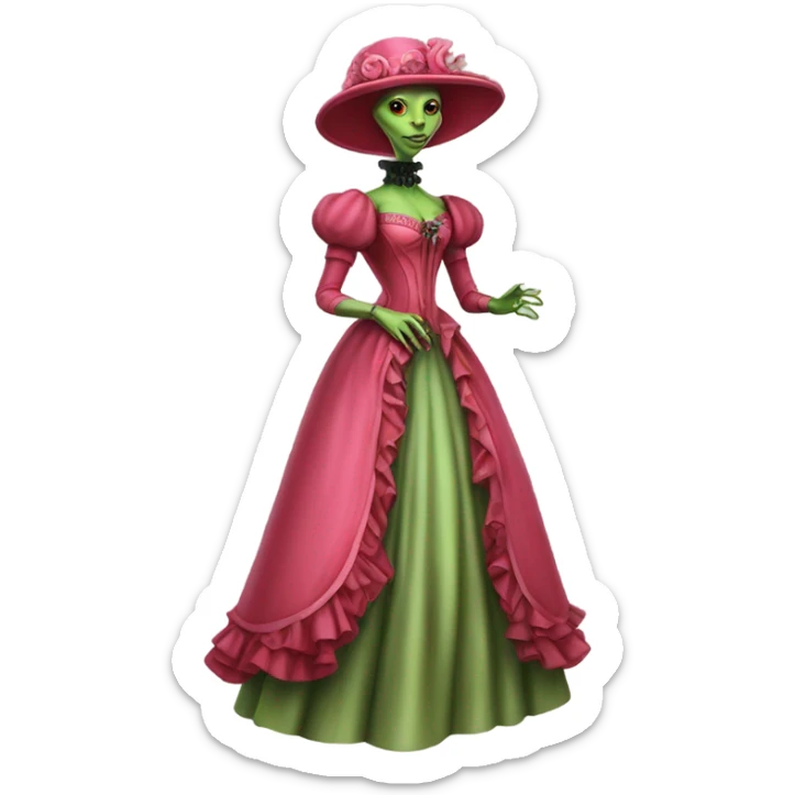 "green alien woman" galora in red pink Victorian dress elegant, full body sticker