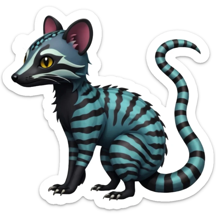 Rare warm-colored exotic edgy epic aesthetic gloomy spooky dark modern colorful cyber-Genet-Trico-Salandit-Civet-species-Fakemon-hybrid-creature, with beautiful intricate markings, full body sticker