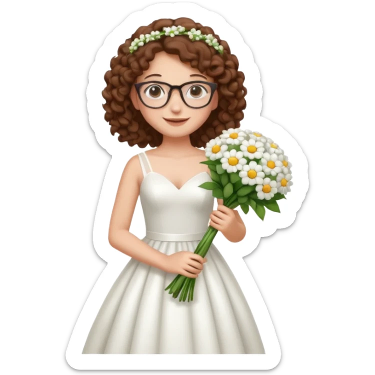 Chica blanca, pelo rizado y castaño,gafas, vestido novia, cuerpo entero, sticker