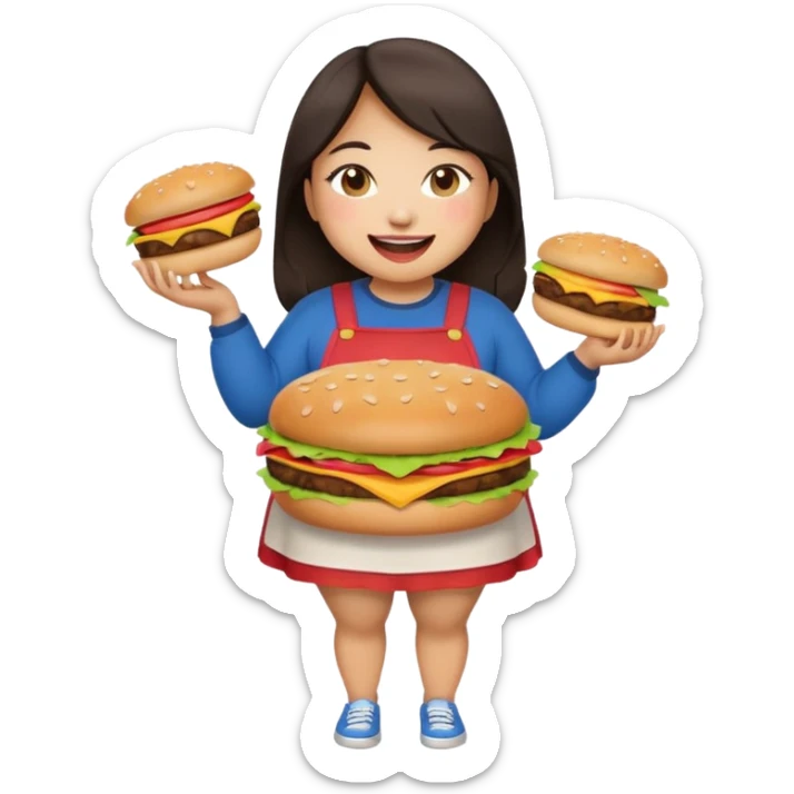 n create a humongous asian girl with 2 burgers and a cookie in her mouth, she is super fat, please make her a full body emoji sticker