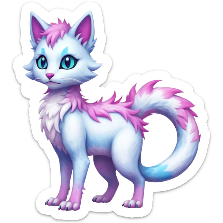 Kawaii white iridescent edgy fantasy feline-vernid-sergal-fursona animal creature with a tufted tail full body with intricate markings  sticker