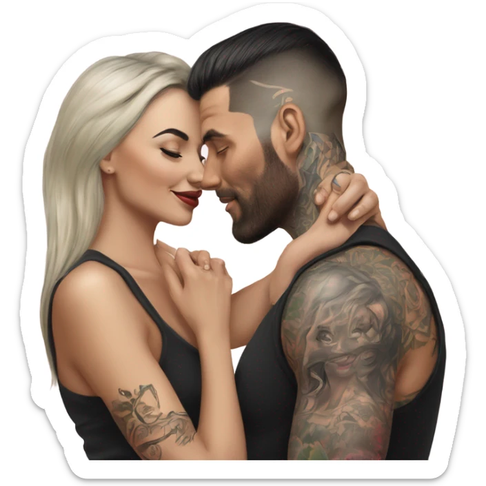 Hyper Realistic beautiful woman touching the cheek of a very handsome tattooed man sticker