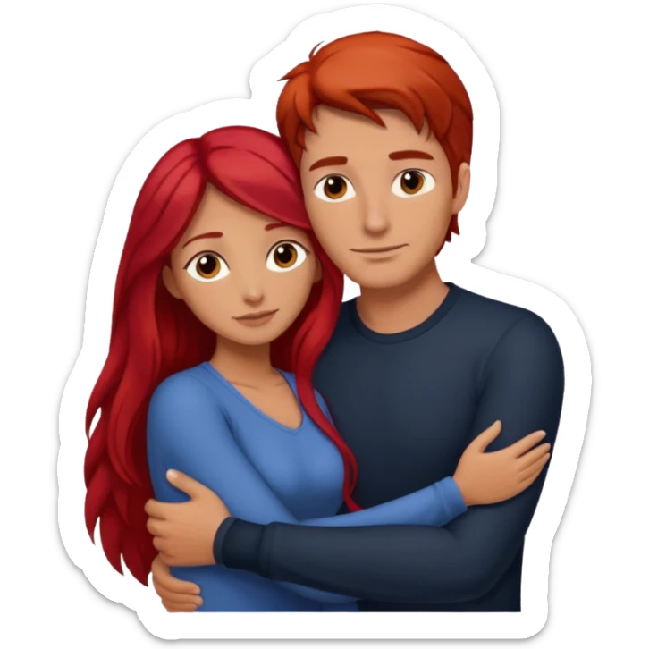 Tall man with dark hair hugging shorter woman with long red hair  sticker