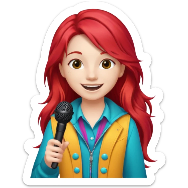 A red long hair cheerful teen singer with colorful outfit, singing with big smile with her microphone
 sticker
