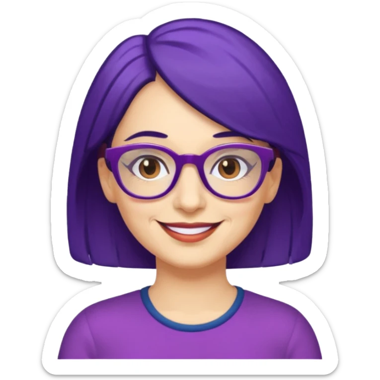 Cartoon 50-year-old youthful woman with purple glasses, brown eyes, and dark blue (not purple) hair to her shoulders. sticker