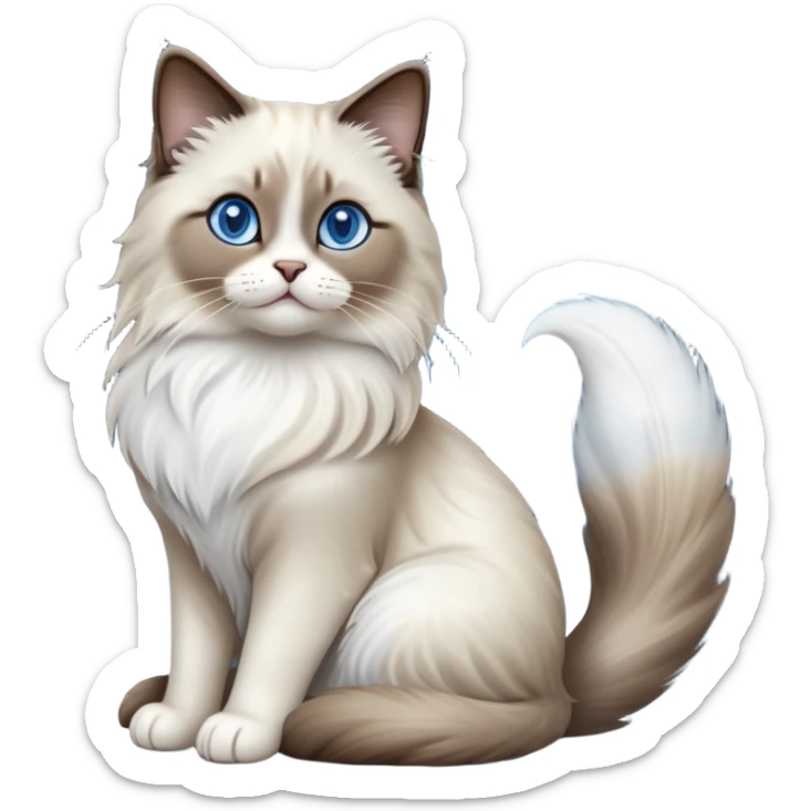 Cinematic-Seal-Ragdoll-Cat-Realistic-Full-Body-Sitting-Emoji – Tail curled playfully around its paws, head tilted dramatically, fluffy brown-and-white fur with darker seal points, simplified yet realistic focused features, highly detailed, glowing with an almost sarcastic glow, piercing blue eyes radiating elegance and charm. sticker