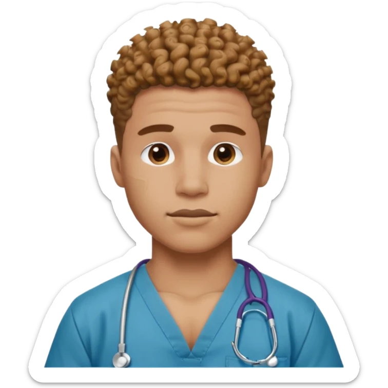 Ripped, athletic man with thick neck, high top fade with no part, curly hair only top only, and show waistline up, add scrubs, man face sticker
