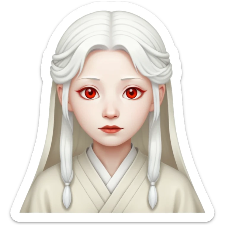 forty year old albino shrine maiden with white hair, red eyes, and pale face sticker