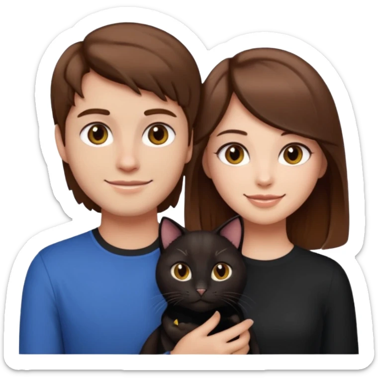 pretty girl with brown hair and makeup holding a black cat standing next to her boyfriend with light skin and brown hair, emoji style sticker