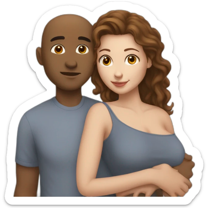 A mixed race man with very little hair kissing a white woman with brown hair short, Who embrace each other tenderly sticker