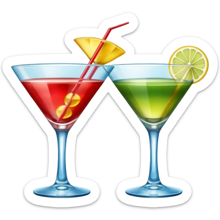 Create an two emoji of red and yellow cocktail, cheers with blue and green cocktail, no tube just cocktail in glass sticker