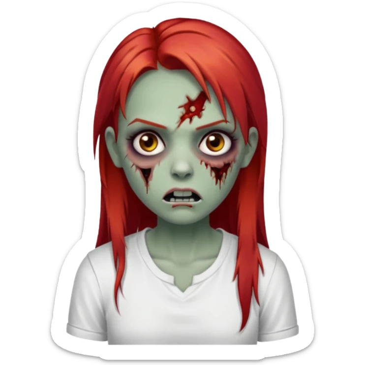 I want to draw a zombie woman, with a scar on her mouth and some bruises on her face, long, straight red hair, and black eyes. She'll be wearing a white shirt. sticker