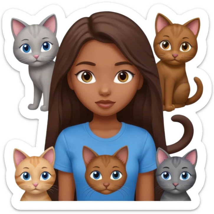 a pretty bratz dusky girl with long brown hair, blue eyes with six cats nd wearing a grey tshirt sticker