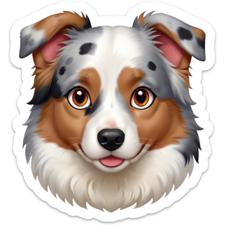 Cinematic Cute Calico Australian Shepherd Portrait Emoji, Head tilted playfully and inquisitively, predominantly white coat with patches of black, tan, and red calico merle markings, round, sparkling blue eyes filled with curiosity, Simplified yet irresistibly adorable features, highly detailed, glowing with a warm, friendly glow, high shine, affectionate and lively, stylized with a touch of whimsy, bright and endearing, soft glowing outline, capturing the essence of a mischievous yet loving pup, so playful it feels like it could bound out of the screen and into your arms! sticker