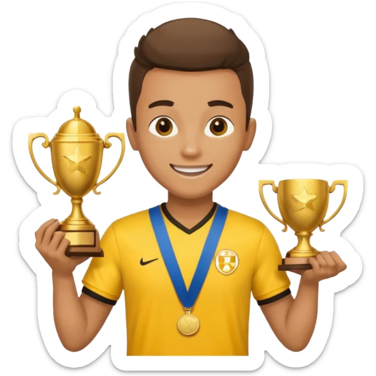 happy soccer player with a first-place medal and a trophy in yellow t-shirts sticker