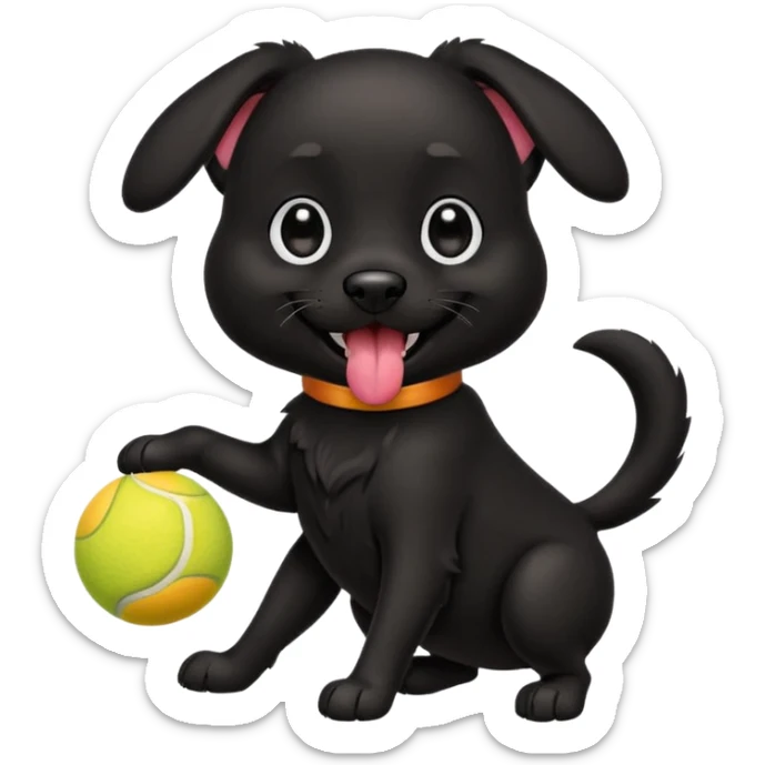 Cute emoji-style illustration of a happy black dog playing with a tennis ball, shiny black fur, joyful expression with tongue out, big expressive eyes, playful pose, vibrant colors, smooth clean lines, high resolution, sticker-style, transparent background sticker