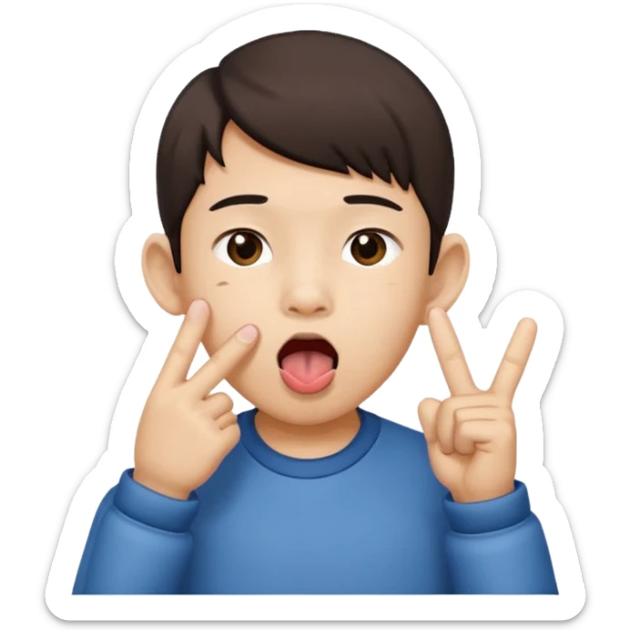 a boy with asian eyes holding his ears with 2 fingers and with his tongue out sticker