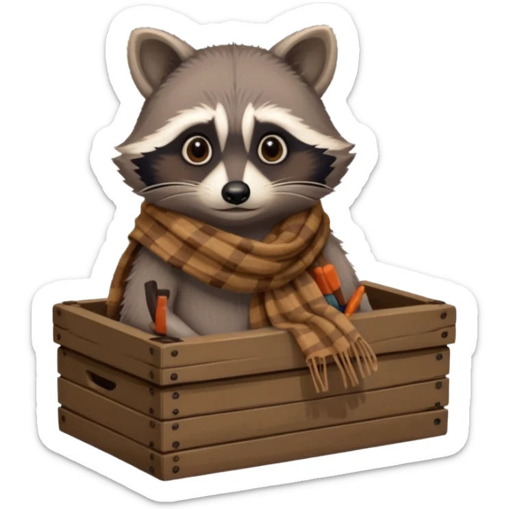 A raccoon with worn-out scarf, sitting next to a tiny box of collected belongings, staring curiously with round sad eyes.
 sticker