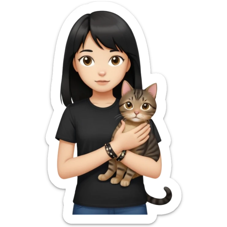 A girl with black long hair and middle-parted bangs, wearing a black short-sleeved shirt, a brown bracelet on her right wrist, white skin, holding a tabby cat, the cat is standing upright sticker