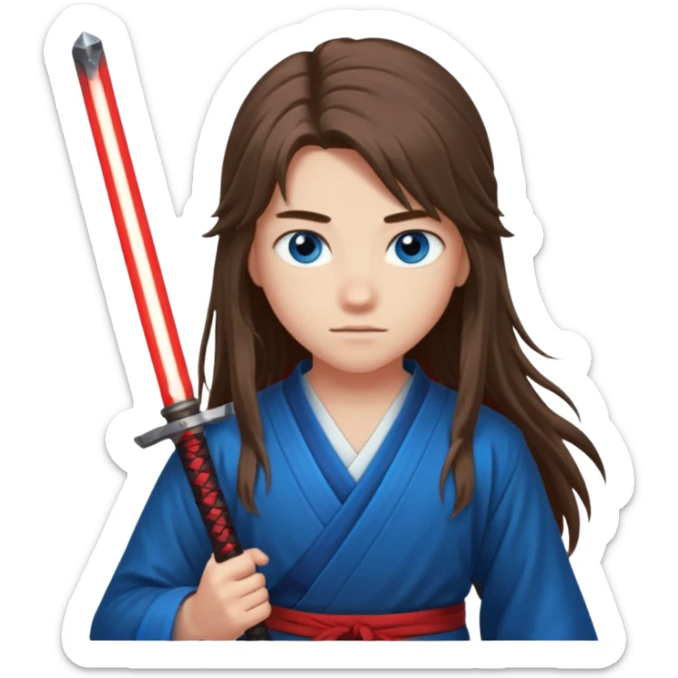 A 14 year old with red glowing katana and his hair be long and eye colour of blue  sticker