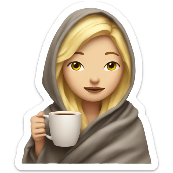 Blonde girl inside a blanket sipping coffee eyes closed sticker