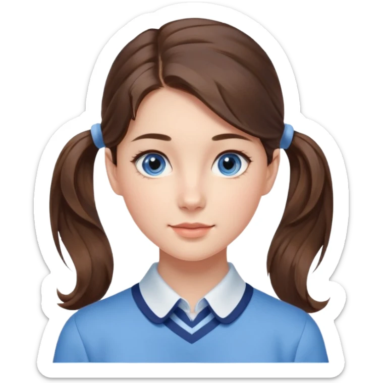 Realistic Student Portrait, with porcelain-like skin featuring a natural rosy flush, illuminated by soft lighting that highlights the gentle contours of her face. Her Brunette pony tail hair flows in soft, Her deep blue eyes radiate warmth and innocence,  wear light blue preppy style. sticker